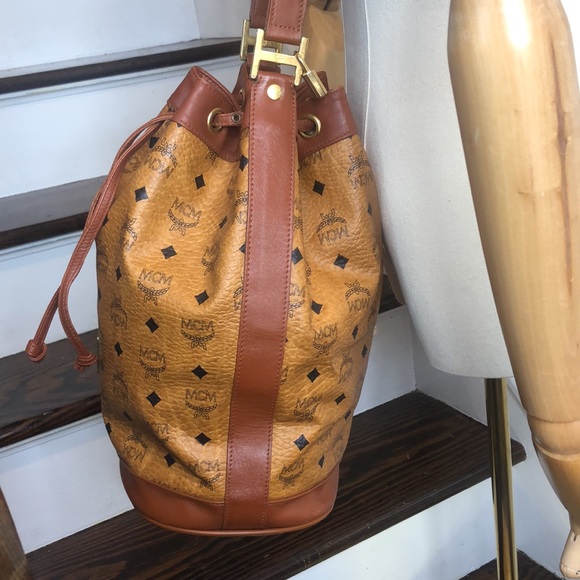 MCM Vicetos Cognac Leather Monogram Bucket Tote Crossbody Shoulder Bag Mint - Picture 3 of 16